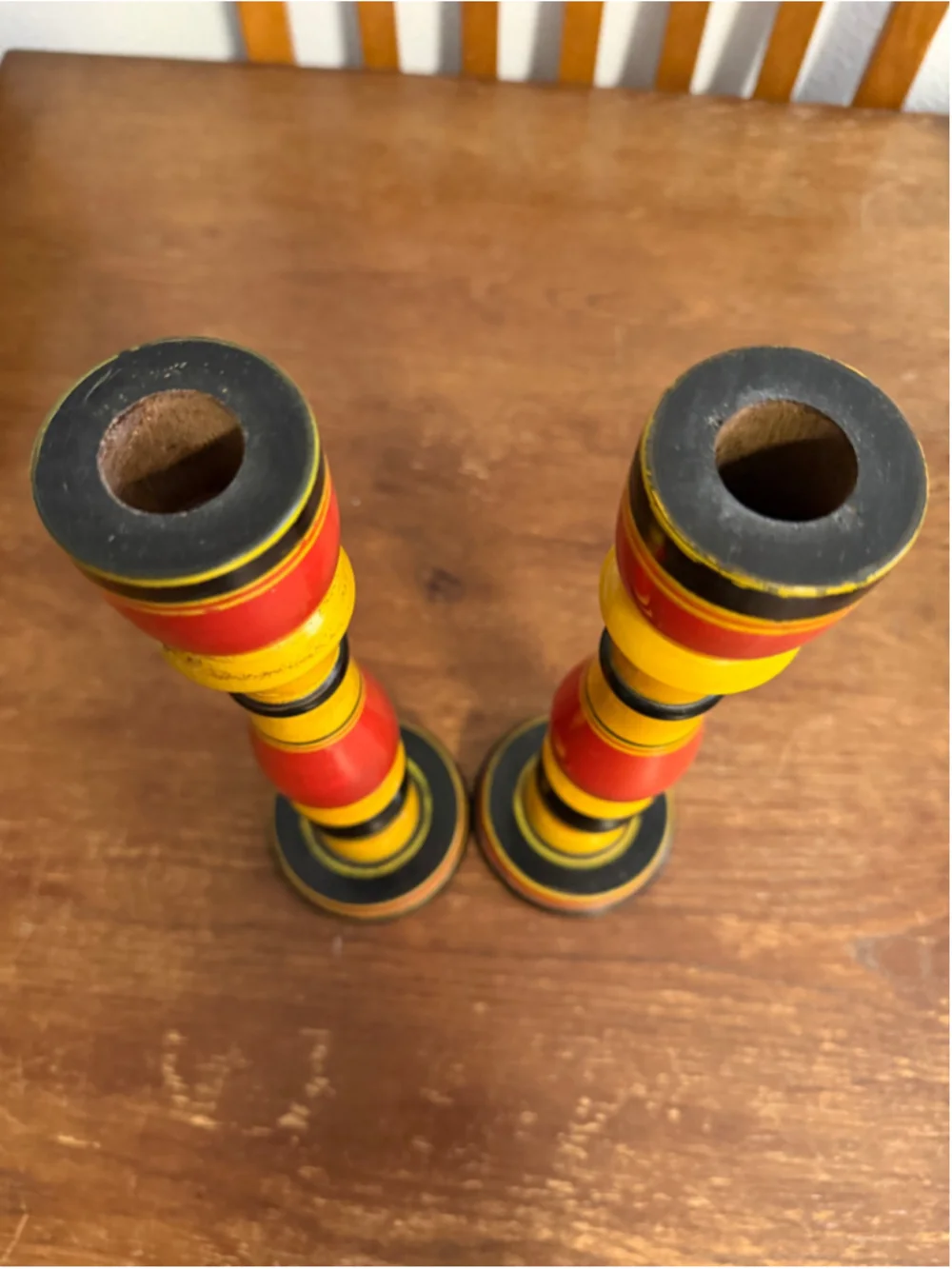 Vintage Pair Hand Painted Wooden Candlesticks Folk Art Red Yellow Black Turned W